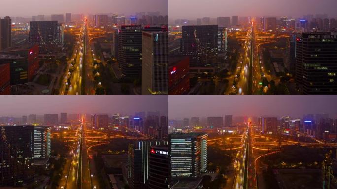 日落时夜照明成都市中心交通街道路空中延时全景4k中国