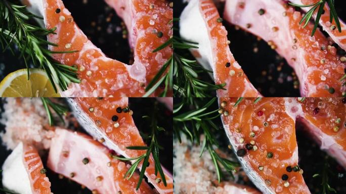 喜马拉雅盐生鲑鱼排，胡椒，迷迭香和柠檬的混合物，顶视图，多莉镜头。健康食品的概念。