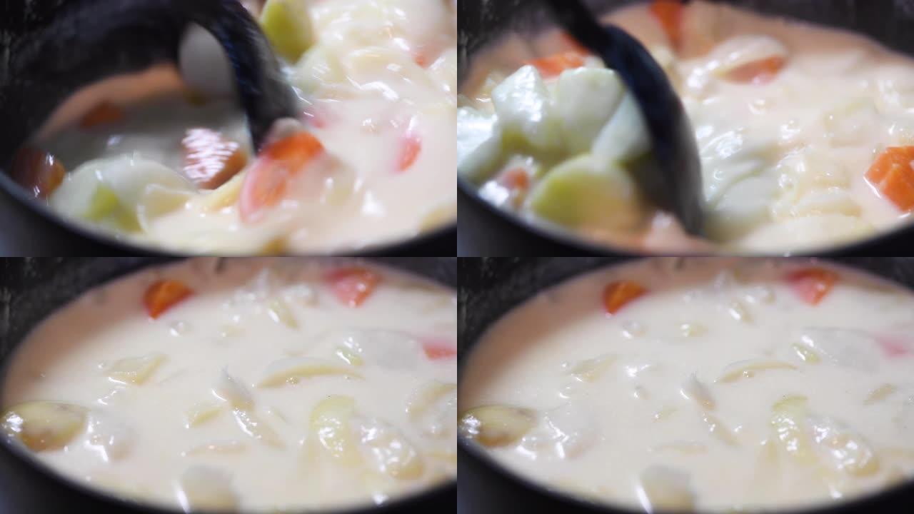 烹饪炖菜奶油浓汤蔬果砂锅搅拌翻炒