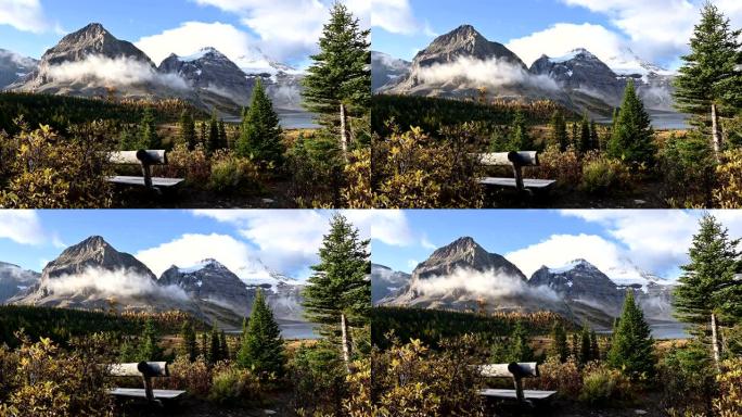 省公园秋季森林中的木椅与阿西尼博因山和玛格湖