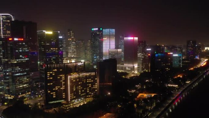 杭州市夜间照明市中心滨河交通湾空中全景4k中国