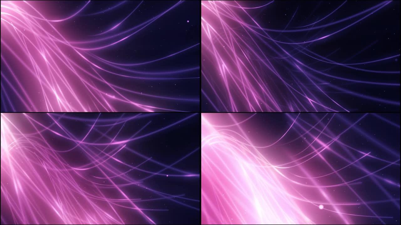 紫色等离子射线特写镜头的发光流动波浪线
