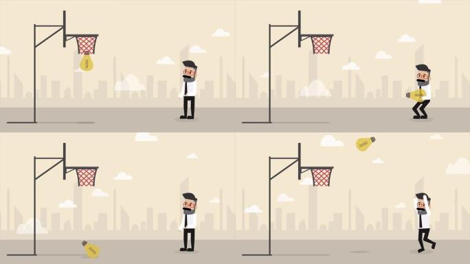 商人将灯泡创意射进篮球网 (商业概念卡通)