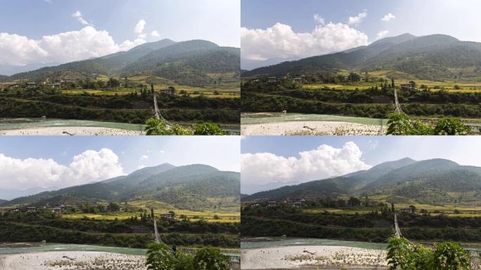 不丹的普那卡吊桥光影山丘山区风景风光