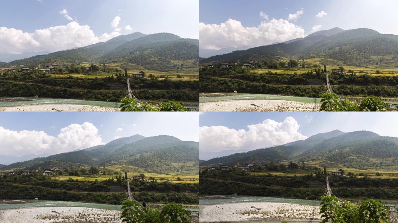 不丹的普那卡吊桥光影山丘山区风景风光
