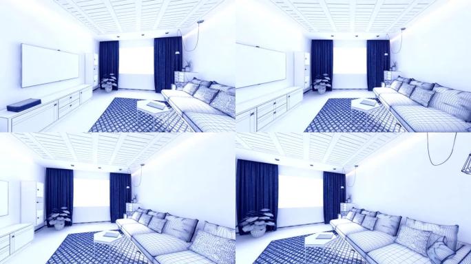 客厅3D动画网格渲染图形室内设计阁楼