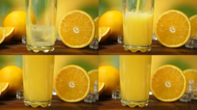 制作新鲜的橙汁并倒入玻璃杯中