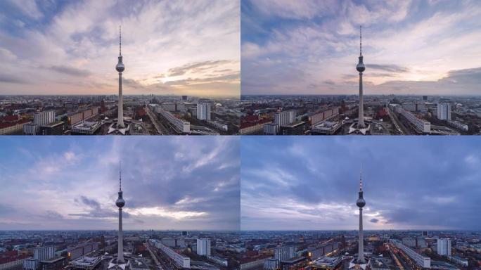 德国柏林电视塔的柏林天际线日夜流逝