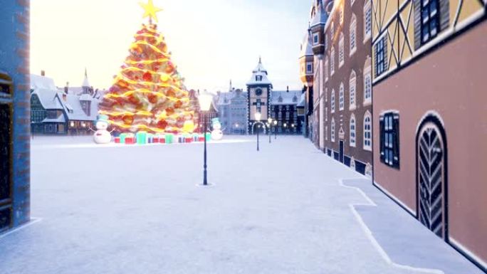 圣诞树上有五颜六色的彩球。雪人和圣诞节和新年装饰品和礼物。一个期待假期的小镇。