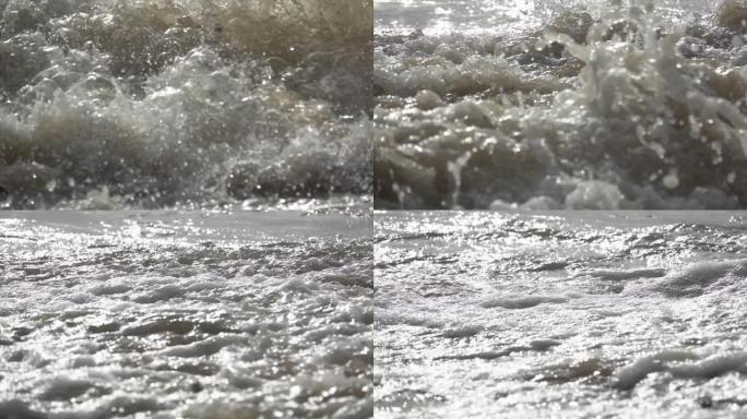 海滩上的近距离波浪超级慢动作