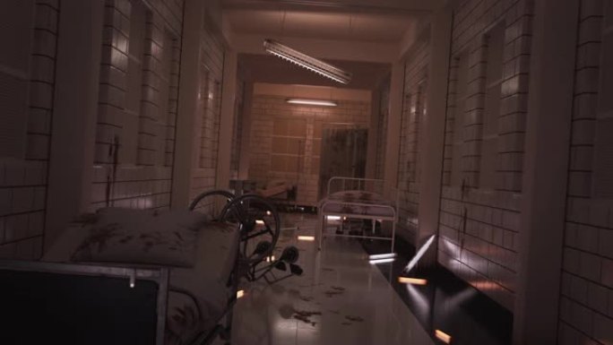 温暖的灯光下精神病学诊所里可怕的神秘走廊。摄像机穿过走廊，医疗设备散落在各处。地板、墙壁、床上的血迹
