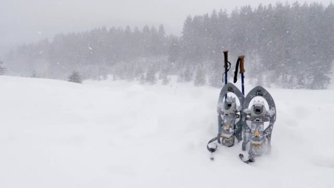 生命中的一天是物体。冬季旅行者。漫步在深雪中，享受冬日的高山。雪鞋行走。