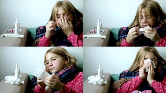 穿着温暖围巾的小女孩吹鼻子。患有鼻炎和咳嗽的生病的孩子