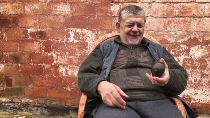 乌克兰高级农民坐在柳条椅上，一生中第一次仔细检查鳄梨哈斯