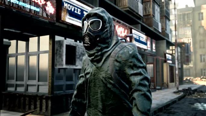 一个穿着军用防护服和防毒面具的流浪汉正穿过这座被毁的城市。核战争后世界末日世界的概念。
