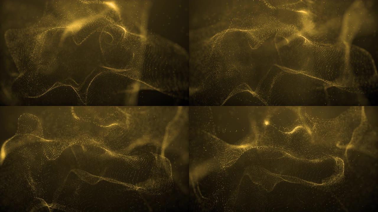 美丽的金色粒子流抽象背景流体波浪设计元素技术，科学，音乐
