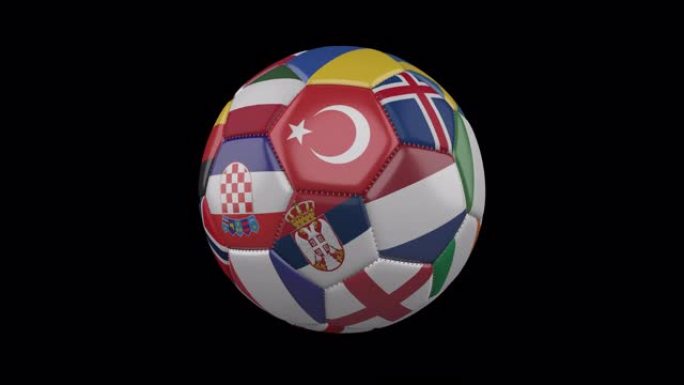 足球上的欧洲旗帜在透明的4k镜头上旋转，带有alpha，循环3