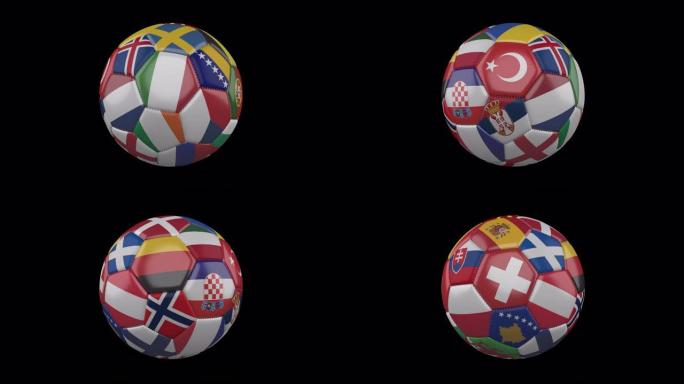足球上的欧洲旗帜在透明的4k镜头上旋转，带有alpha，循环3