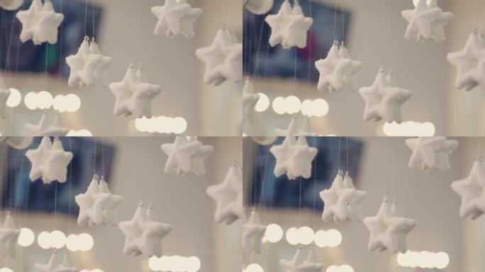 镜子上的白色星星。镜子上的装饰