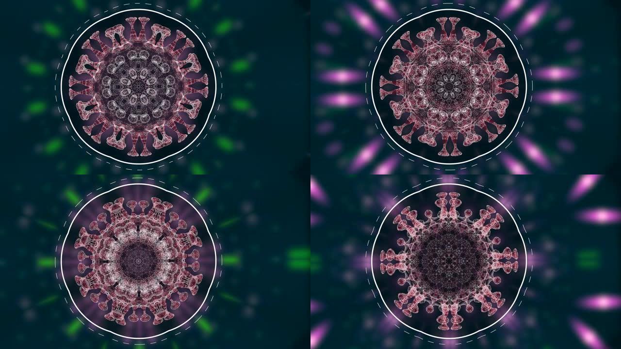 在模糊的深绿色背景上闪闪发光的圆圈内运动的细菌的3d动画视频。