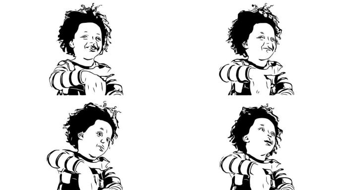 手绘，涂鸦卡通风格，非裔美国种族小男孩玩玩具，从水杯中喝牛奶