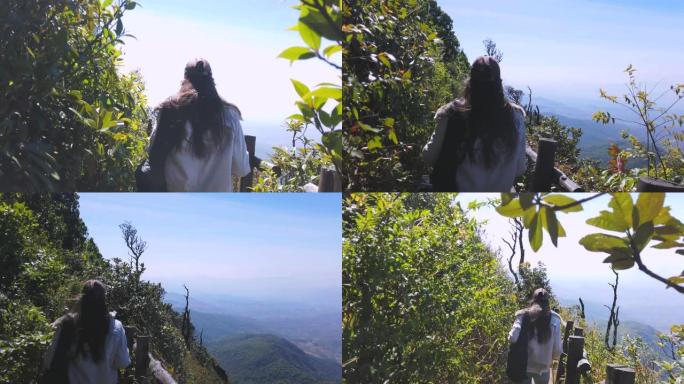 山顶上的旅游女徒步旅行者看着全景