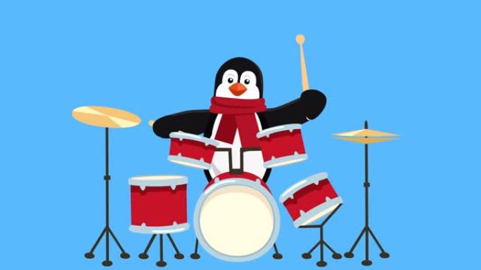 卡通小企鹅扁平圣诞人物打鼓动画包括哑光