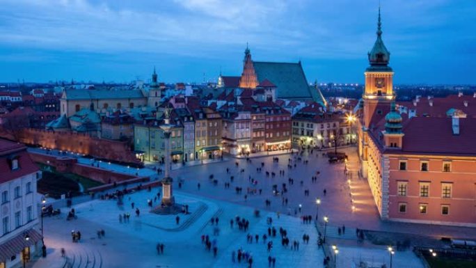 波兰华沙蓝色时刻老城城堡广场鸟瞰图