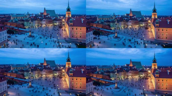 波兰华沙蓝色时刻老城城堡广场鸟瞰图