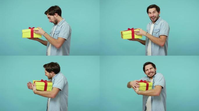 好人解开礼物，表达极度快乐，对完美的生日惊喜感到满意，拥抱盒子