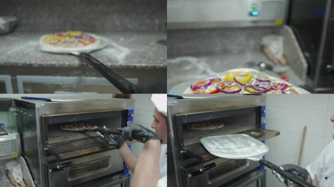 厨师把比萨饼放在烤箱里烤