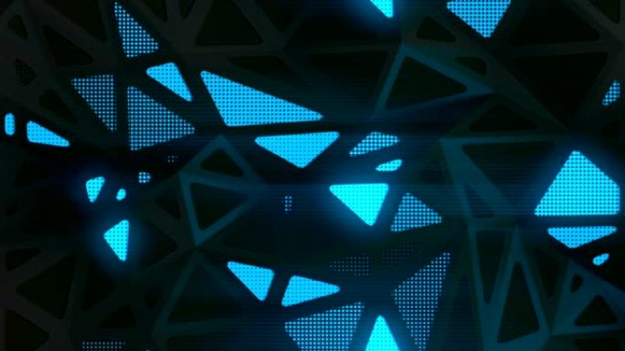 未来的三角形几何背景与发光的蓝光区域。抽象VJ数字无缝循环动画3d渲染。高清分辨率