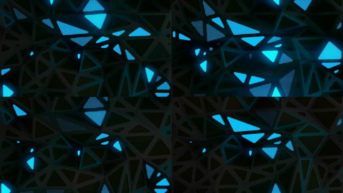 未来的三角形几何背景与发光的蓝光区域。抽象VJ数字无缝循环动画3d渲染。高清分辨率
