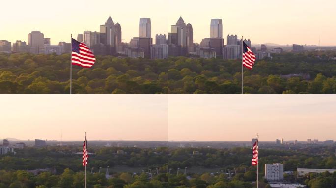 亚特兰大航空v265在美国国旗周围低空飞行，日落时可以看到城市景观