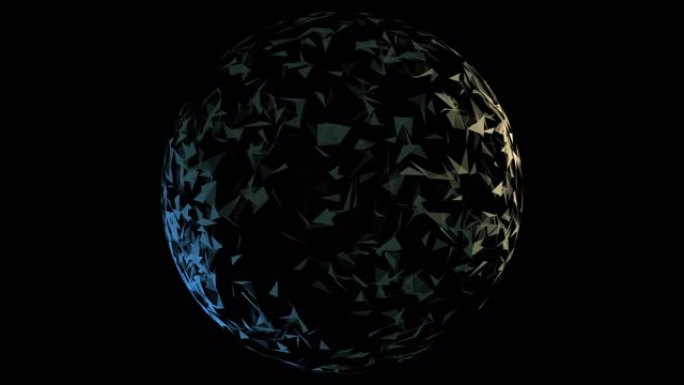 具有多边形几何表面的抽象地球仪，看起来像黑色背景上的破裂的玻璃颗粒或晶体。