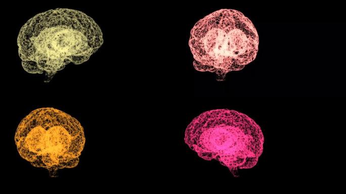 安心概念。由抽象交织的网形成的大脑在空间中旋转，每转一圈都会改变颜色。