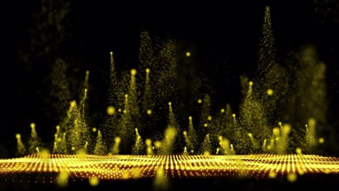 黄色的金色尘埃粒子波形并闪烁闪烁，在黑色背景上隔离。