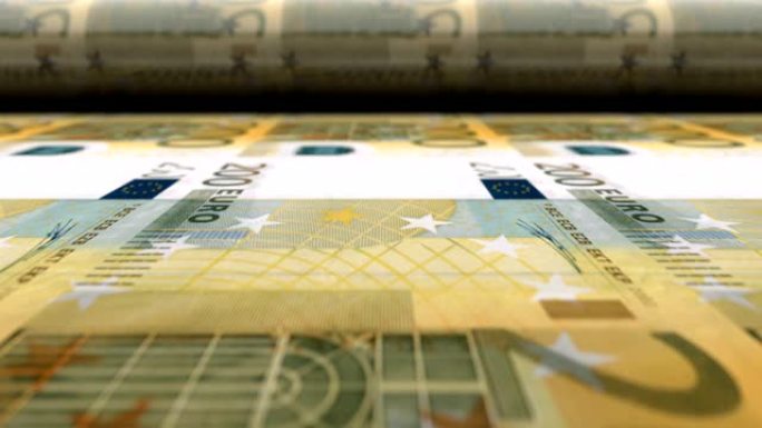 欧元印钞机印刷200欧元纸币。无缝循环。