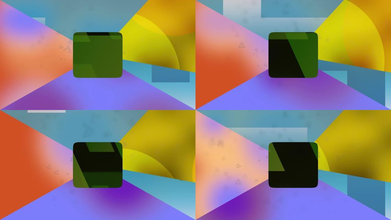 抽象几何形状背景，绿色正方形在彩色多边形组成的中心。