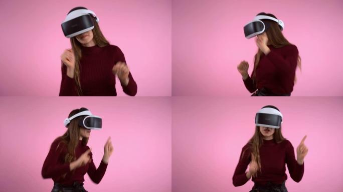 虚拟现实的交互式眼镜，电子技术的工程创新。女孩测试新眼镜，在增强现实中跳舞。虚拟现实中游戏的数字视觉