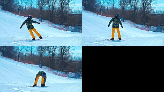 滑雪者使压榨并去除滑雪板。滑雪板的尽头。