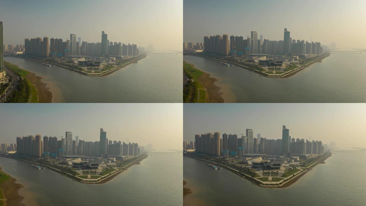 长沙市日落时间著名的市中心文化综合体三角洲湾空中延时全景4k中国