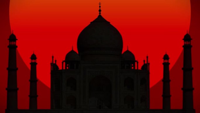 一个巨大的红日，落在印度泰姬陵的剪影后面