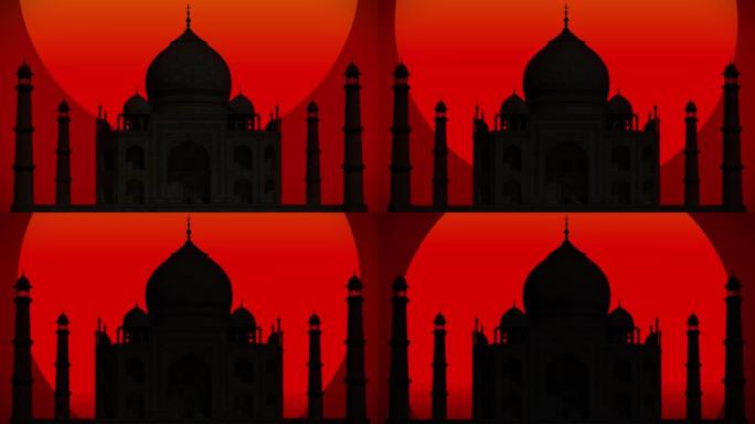一个巨大的红日，落在印度泰姬陵的剪影后面