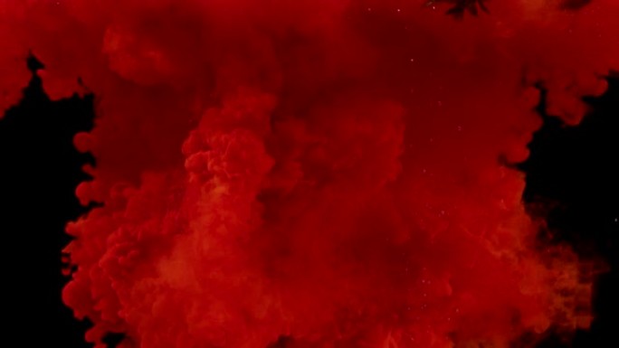 彩色红色墨水，在水中扩散并掉落草莓/彩色烟雾，以慢动作从上到下擦拭框架。孤立在黑色背景上。特写视图。