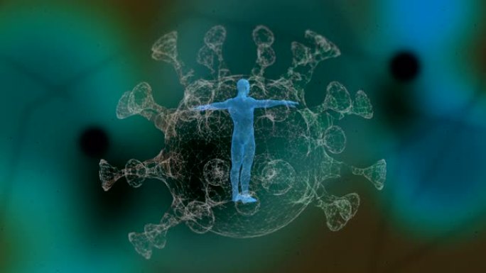 在抽象的散焦背景上，人体在病毒细胞内腐烂的3D动画。