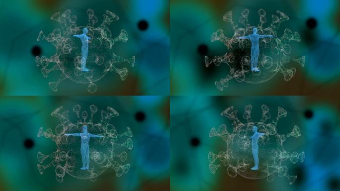 在抽象的散焦背景上，人体在病毒细胞内腐烂的3D动画。