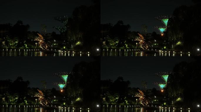 夜晚的风景 -- 五颜六色的灯光、水和喷口、自来水厂
