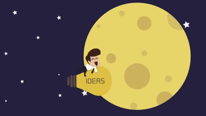 商人在太空中与idea灯泡一起飞行 (商业概念卡通)