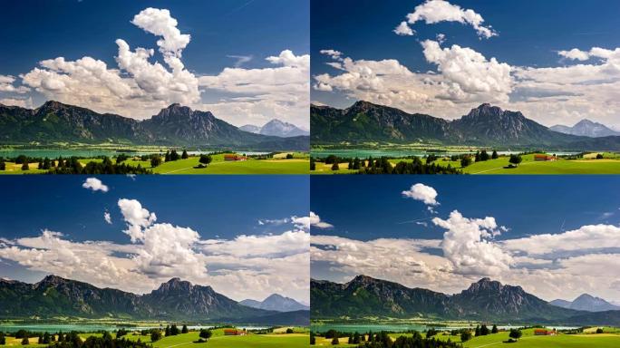 巴伐利亚山脉上蓝天上移动云层的时间流逝